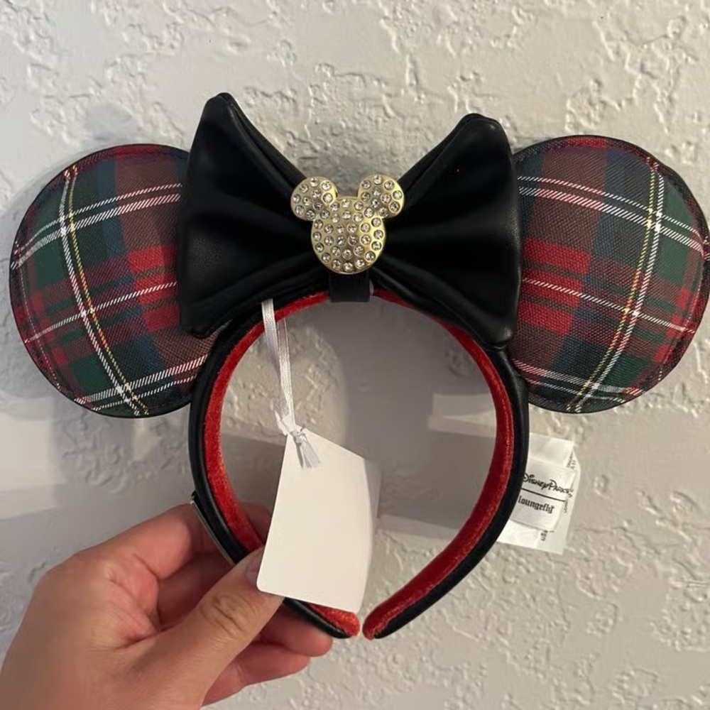 Plaid Mouse Ears Headband with Black Bow and Gold Mickey